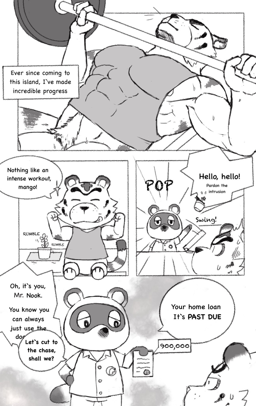 2020 after2 afternoon_(artist) animal_crossing anthro bottomwear canid canine chibi closed_eyes english_text exercise felid furry genitals greeting highres humanoid_hands male male_only mammal monochrome muscular nintendo nipples pantherine pecs penis raccoon_dog shirt shorts tanuki text tiger tom_nook topwear workout