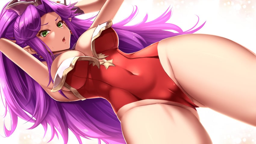 1girls akitsuki_karasu angela angela_(seiken_densetsu_3) angela_(trials_of_mana) arms_up bangs bare_thighs blush breasts cameltoe cleavage commentary_request covered_navel dutch_angle female female_only green_eyes headwear jewelry large_breasts leotard long_hair looking_at_viewer medium_breasts navel open_mouth parted_bangs pointy_ears purple_hair red_leotard seiken_densetsu seiken_densetsu_3 shiny shiny_clothes shiny_hair sidelocks simple_background solo tagme thighs trials_of_mana