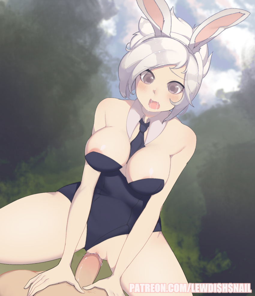 battle_bunny_riven big_breasts breasts bunny_ears bunnysuit cowgirl_position league_of_legends lewdishsnail open_mouth riot_games riven vaginal_penetration white_eyes white_hair