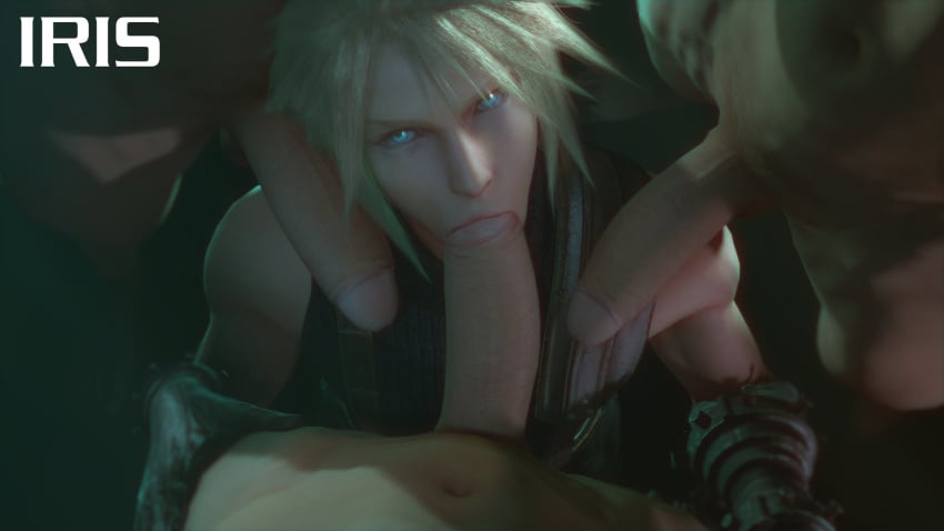 3d 3d_(artwork) 4boys big_penis blonde_hair blue_eyes clothed clothing cloud_strife erection femboy final_fantasy final_fantasy_vii gay hand_on_thigh huge_cock irispoplar male male_only penis short_hair threesome trap uncensored yaoi