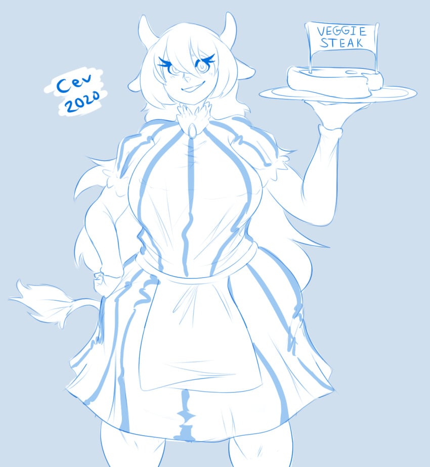 1girls 2020 animal_humanoid apron beef big_breasts blue_and_white bovid bovid_humanoid bovine bovine_humanoid breasts cattle cattle_humanoid cev clothed clothing costume english_text fast_food female female_only food hi_res holding_object horn humanoid mammal mammal_humanoid meat monochrome sketch smile solo steak text thick_thighs wendy's wendy_thomas wide_hips