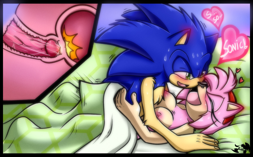 1girls 2020 amy_rose anthro bed bed_sheet bedding blue_body blue_fur blush bodily_fluids breasts cervix closed_eyes commission dialogue duo erection eulipotyphlan female female_penetrated fur furniture genitals green_eyes happy happy_sex heart hedgehog hi_res lying male male_penetrating male_penetrating_female mammal missionary_position mobian_(species) motion_lines naked nipples nude on_back open_mouth penetration penis phoenixsalover pink_body pink_fur romantic_ambiance sega sex sonic_(series) sonic_the_hedgehog sonic_the_hedgehog_(series) spread_legs straight sweat text thrusting uterus vaginal_penetration video_games watermark x-ray