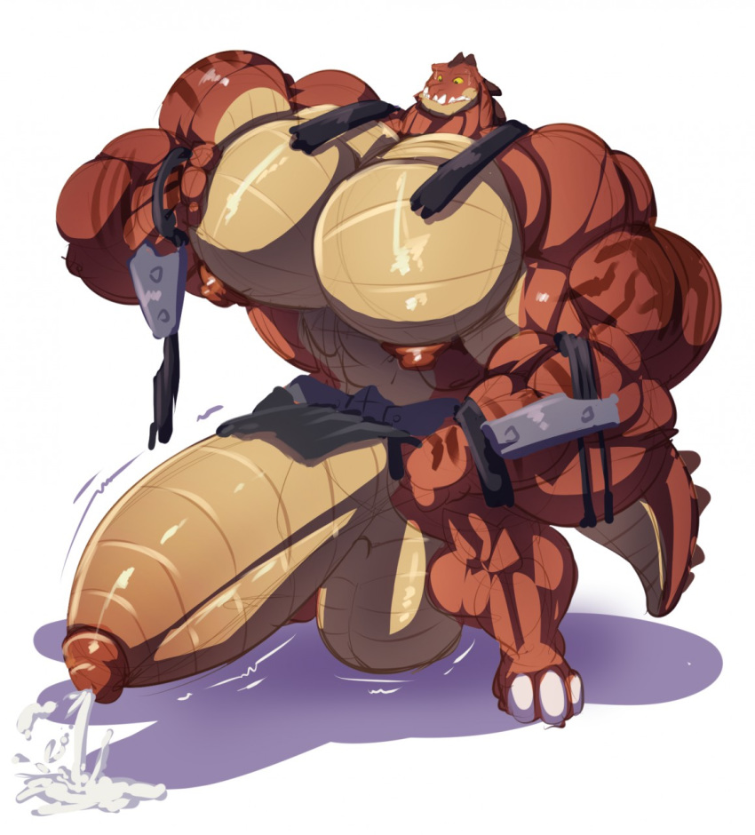 1boy anthro armor balls balls_under_clothes big_muscles bobert bodily_fluids clothing cum cumshot dinosaur disney ejaculation erection erection_under_clothes fangs genital_fluids genitals hands-free handsfree_ejaculation hi_res huge_cock huge_muscles hyper hyper_balls hyper_genitalia hyper_muscles hyper_pecs hyper_penis lost_clothes male male_only muscular nipples penis penis_out penis_under_clothes pixar reptile reptillus_maximus scalie simple_background solo sweat torn_clothing toy_story toy_story_that_time_forgot what white_background