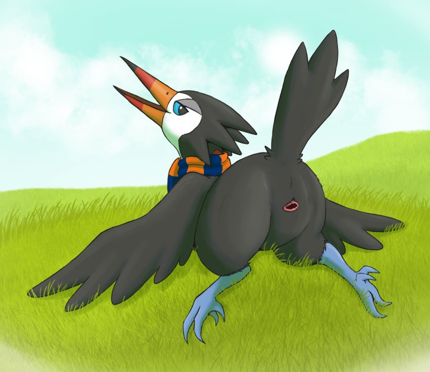 ambiguous_gender animal_genitalia ass avian big_ass bird butt_focus cloaca feral grass hi_res kakithefox looking_back nintendo original_character outside pokémon_(species) pokemon pokemon_sm presenting presenting_hindquarters raised_tail scarf simple_background smile solo talons thick_thighs trumbeak video_games wings