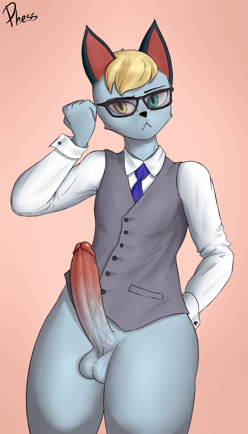 1boy 2020 animal_crossing anthro balls big_penis cat_ears cute feline furry glasses jacket male_only nintendo penis phess raymond_(animal_crossing) solo solo_male thighs