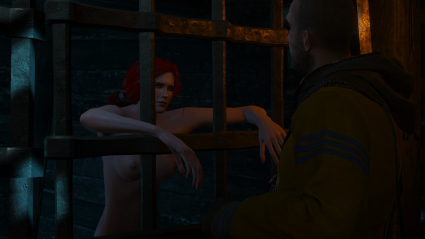 1boy 1girls 3d captured cd_projekt_red clothed_male_nude_female deception demon gaunter_o'dimm imprisoned male nude_female offering prison prison_cell red_hair the_witcher the_witcher_(series) the_witcher_2 the_witcher_3:_wild_hunt triss_merigold unknown_artist