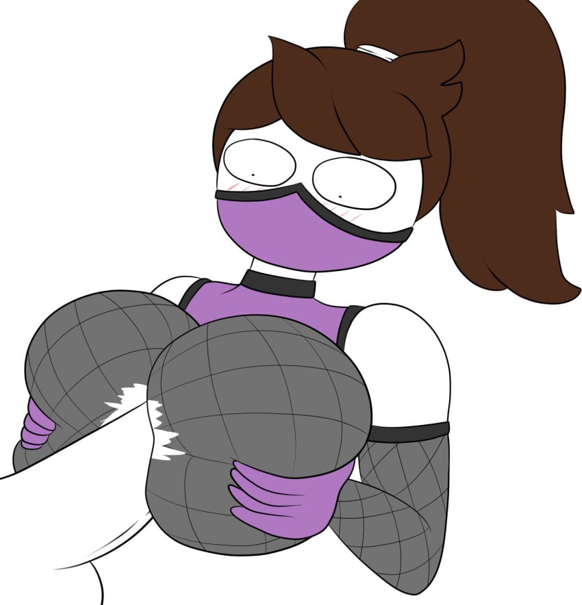 1boy 1girls 2020 alternate_breast_size big_breasts bimbo blush breast_grab breast_squeeze breasts brown_hair busty female genitals highres holding_breasts huge_breasts jaiden jaiden_animations jaidenanimations large_breasts looking_at_penis mask mileena_(cosplay) mortal_kombat ninja offscreen_character offscreen_male outercourse paizuri penis purple_gloves purple_mask ripped_clothing scarecorrode straight white_background youtube youtuber