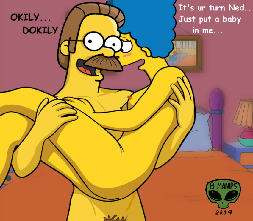 1boy 1boy1girl 1girls blue_hair brown_hair carrying_partner crossed_legs english_text erect_nipples fjm glasses horny impregnation_request marge_simpson mustache ned_flanders nude nude_female nude_male pubic_hair_peek tagme the_simpsons