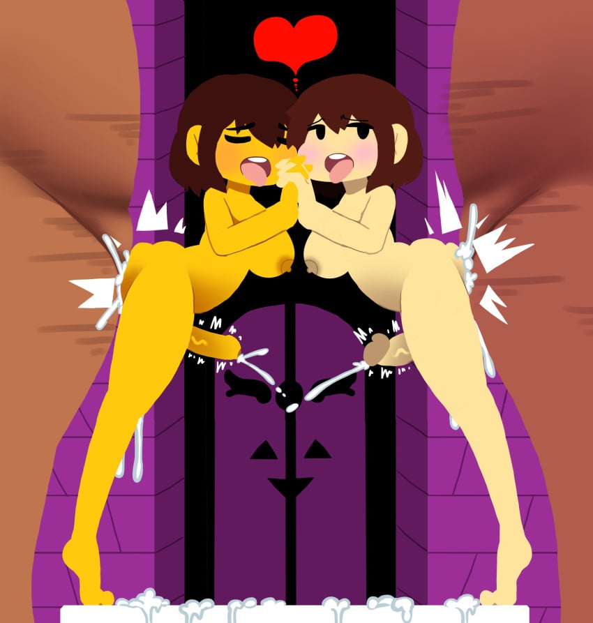 2futas anal anal_sex brown_hair chara clama completely_nude cum cum_inside dominant_male edit fingers_interlocked foreskin frisk futa futanari futanari_penetrated heart holding_hands looking_back looking_pleasured male_on_futa mob_face motion_lines pale-skinned_futanari pale_skin penis sex standing_on_tip_toes standing_sex tongue tongue_out uncircumcised uncut undertale whitewo1f yellow_skin young