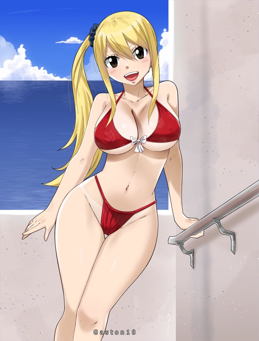 1girls bikini blonde_hair curvy fairy_tail gaston18 lucy_heartfilia red_bikini tagme