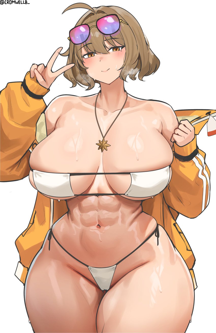 abs absurdres anis_(nikke) anis_(sparkling_summer)_(nikke) bare_shoulders bikini blush breasts brown_hair closed_mouth collarbone cowboy_shot cromwellb eyepatch_bikini female goddess_of_victory:_nikke highres huge_breasts jacket looking_at_viewer navel off_shoulder official_alternate_costume short_hair side-tie_bikini_bottom simple_background skindentation solo standing sunglasses_on_head swimsuit v wet white_background white_bikini yellow_eyes yellow_jacket