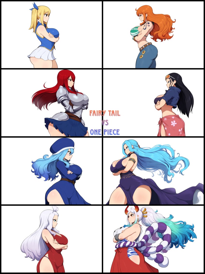 8girls ai_generated blonde_hair blue_hair cleavage collage crossed_arms crossover dress erza_scarlet eye_contact fairy_tail female female_only juvia_lockser large_breasts long_hair looking_at_another lucy_heartfilia mirajane_strauss mullon nami nami_(one_piece) nefertari_vivi nico_robin no_panties novelai one_piece orange_hair post-timeskip princess red_hair simple_background thick_thighs white_hair wide_hips yamato_(one_piece)