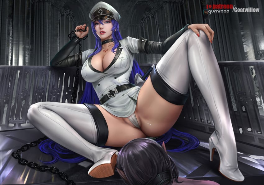 1boy akame_ga_kill! bangs black_hair blue_eyes bondage booth bound breasts cleavage esdeath_(akame_ga_kill!) female femdom hat heels high_heels holding holding_leash large_breasts leash long_hair looking_at_viewer military military_uniform ming_xing mingxing5577 open_mouth spread_legs sword uniform weapon