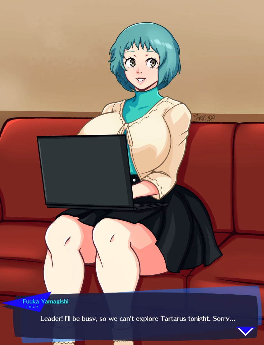 1girls ass before_and_after bermuda_art big_ass big_breasts blue_hair breasts breasts_bigger_than_head brown_eyes clothing computer electronics english_text female female_only fully_clothed fuuka_yamagishi huge_breasts human innocent laptop large_ass large_breasts megami_tensei pale_skin persona persona_3 persona_3_reload short_hair sitting skirt smile text thick_thighs yamagishi_fuuka