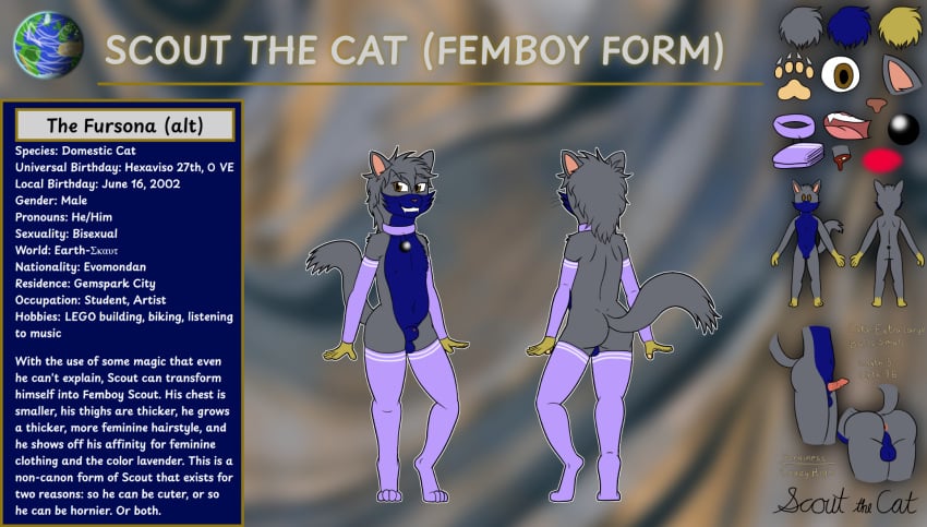 alternate_costume alternate_form alternate_hairstyle animal_genitalia anthro anus arm_warmers armwear ass balls bedroom_eyes big_butt blue_body blue_fur brown_eyes clothing collar domestic_cat felid feline felis femboy fur genitals grey_body grey_fur hi_res legwear male mammal model_sheet narrowed_eyes pawpads penile_spines penis penis_tip planet presenting presenting_hindquarters scout_the_cat_(character) scoutthecat02 seductive sheath solo text thick_thighs thigh_highs yellow_body yellow_fur