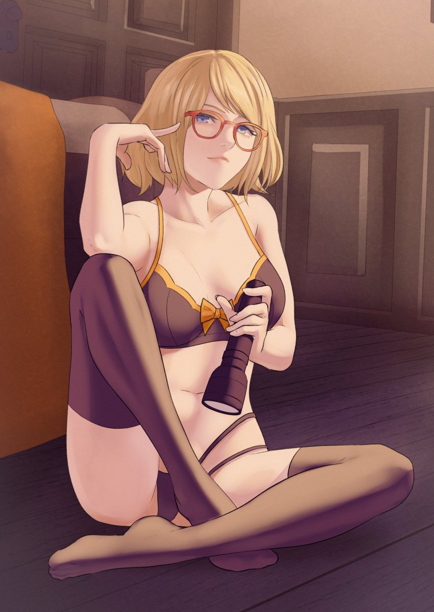 1girls ashley_graham bare_thighs bed black_bra black_panties blonde_hair bra breasts female female_only glasses indoors looking_at_viewer on_ground panties pomelomelon resident_evil resident_evil_4 short_hair sitting small_breasts smile solo thighhighs thighs underwear yellow_hair