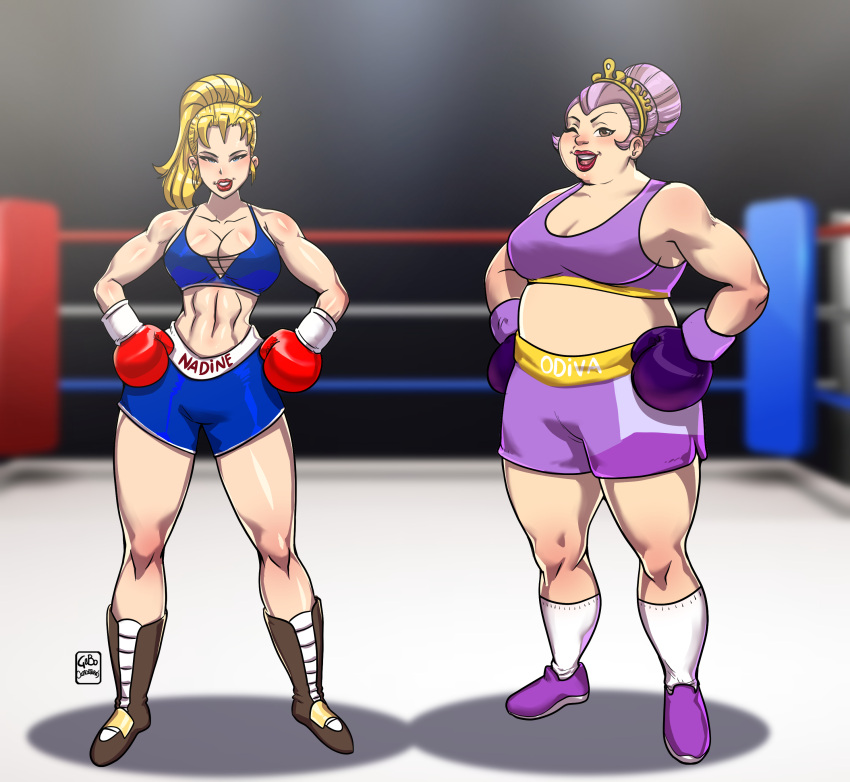 2girls ass big_ass big_breasts black_and_bruised blonde_hair blue_eyes blue_shorts blue_sports_bra boxing boxing_gloves breasts bust busty chest chubby chubby_female curvaceous curvy curvy_figure digital_media_(artwork) duo female female_focus gabocaricaturas gloves hips hourglass_figure huge_ass huge_breasts human knuckles_nadine large_ass large_breasts legs light-skinned_female light_skin lips lipstick majesco mature mature_female midriff odiva ponytail purple_shorts purple_sports_bra red_boxing_gloves red_gloves red_lipstick shorts size_difference slim_waist sports_bra thick thick_hips thick_legs thick_thighs thighs tied_hair violet_boxing_gloves violet_gloves voluptuous waist wide_hips