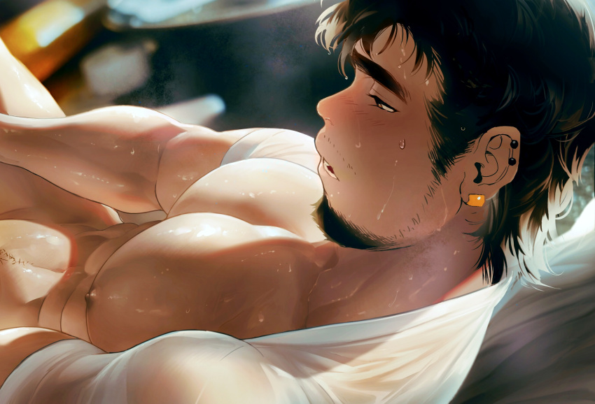 1boy bara bare_pectorals blush bottomless clothes_lift ear_piercing earrings facial_hair forearms from_side half-closed_eyes highres isuke jewelry large_pectorals male_focus male_masturbation masturbation medium_sideburns muscular muscular_male mustache_stubble nipples nose_blush original out-of-frame_censoring paid_reward_available parted_lips pectorals piercing profile see-through shirt_behind_neck shirt_lift sideburns_stubble solo sparse_navel_hair stubble sweat sweaty_clothes thick_eyebrows torogao very_sweaty wet wet_hair