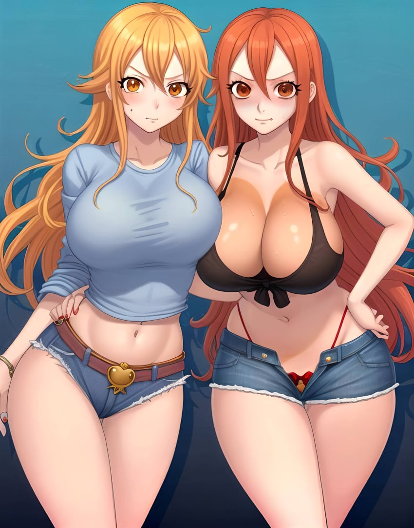 ai_generated breasts crossover denim_shorts erza_scarlet fairy_tail female female_only ginger ginger_hair huge_breasts looking_at_viewer nami nami_(one_piece) navel one_piece post-timeskip shorts stable_diffusion zarazin