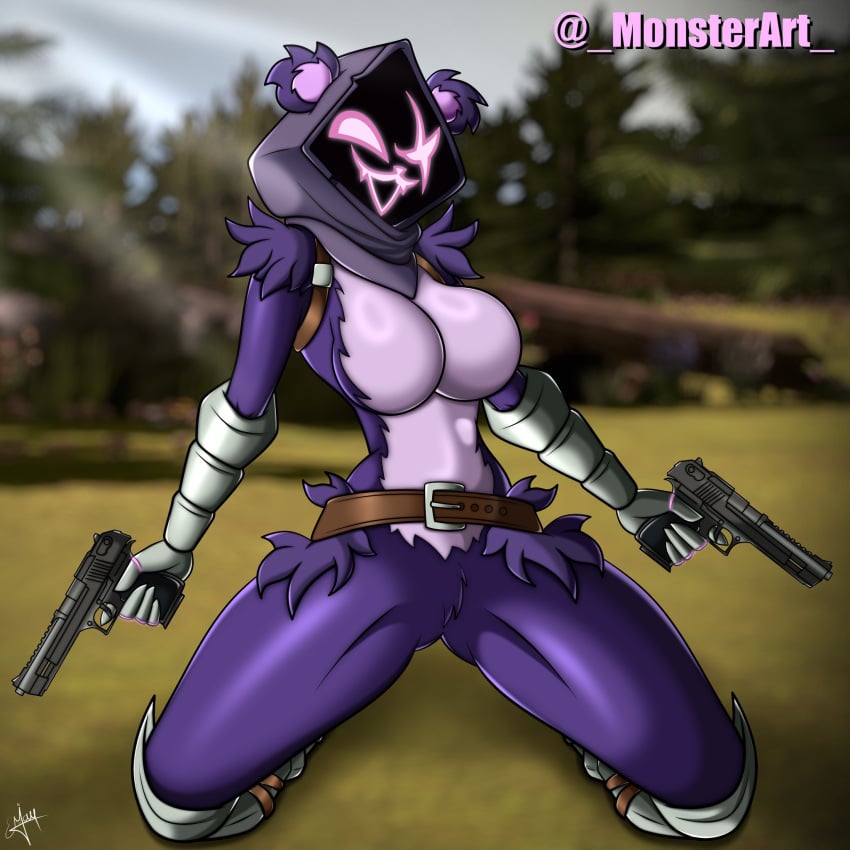 bear bear_ears bear_girl belt big_breasts female female_only fortnite glowing_eyes glowing_mouth hood hood_up monsterart on_knees open_mouth pistol pistols raven_team_leader sfw_version shiny shiny_fur solo solo_female