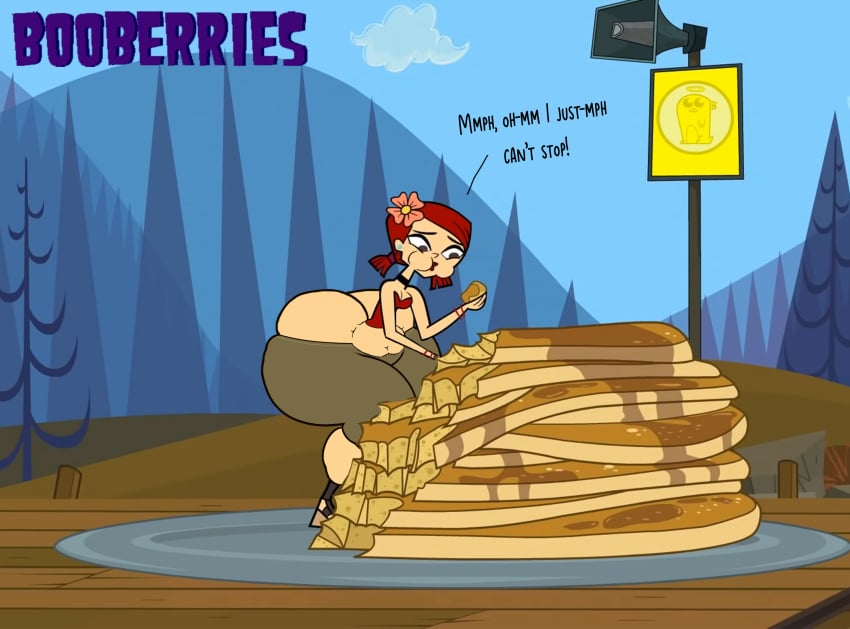 1girls ass ass_bigger_than_torso ass_cleavage ass_expansion background bbw belly_bulge big_ass big_belly big_butt booberries_morphs brown_eyes butt_crack choker clothed eating english_text fat feeding flower flower_in_hair huge_ass pancake plump puffed_cheeks red_hair screenshot_edit speech total_drama:_revenge_of_the_island total_drama_island watermark weight_gain zoey_(tdi)