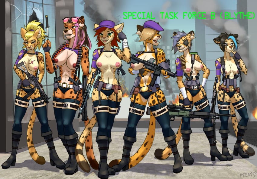 anthro athletic athletic_female boots breasts bullet cheetah clothing english_text eye_patch eyewear felid feline female footwear furry glasses group gun hair mammal markings menis nipples ranged_weapon scar smoking spots spotted_markings text weapon