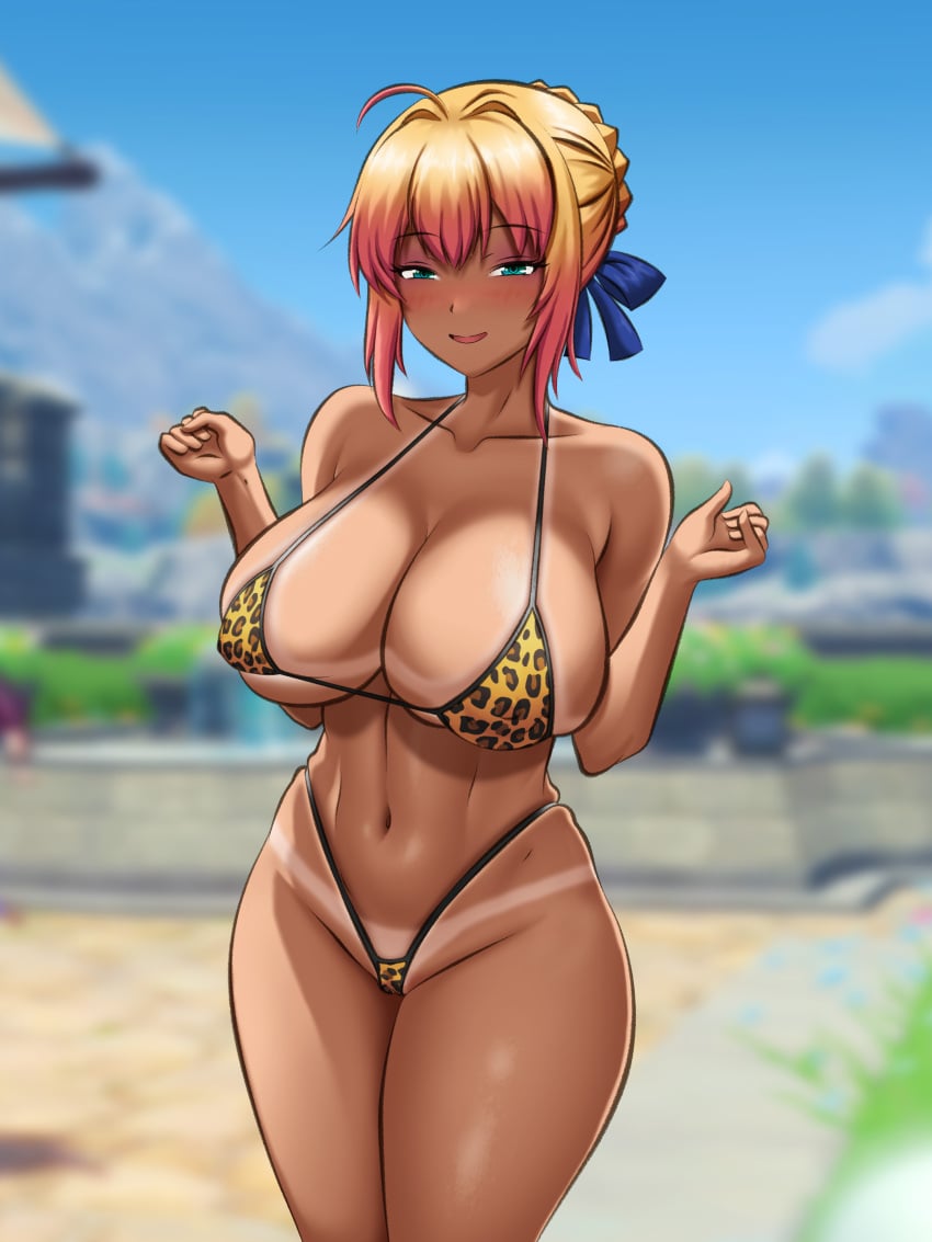 1girls artoria_pendragon big_breasts big_thighs blonde_hair blue_eyes blush breasts busty dark-skinned_female dark_skin daylight fate/grand_order fate_(series) female huge_breasts huge_thighs large_breasts large_thighs ldukem69 leopard_print leopard_print_bikini navel smile tanned tanned_female tanned_girl tanned_skin thick_thighs thighs voluptuous