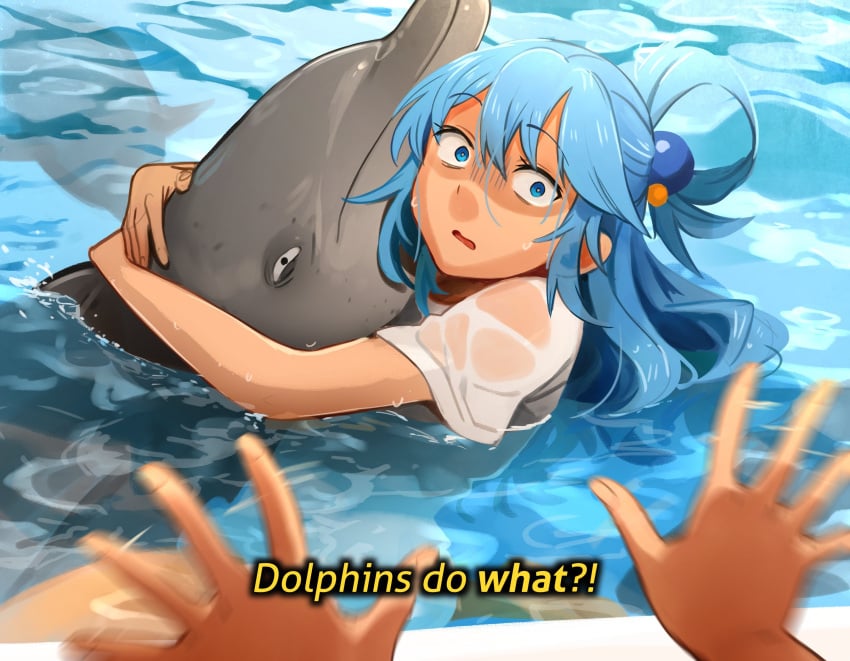 1girls 1other animal aqua_(konosuba) aqua_eyes aqua_hair blue_eyes blue_hair dolphin english_text human imminent_bestiality imminent_rape imminent_sex imminent_zoophilia khyleri kono_subarashii_sekai_ni_shukufuku_wo! swimming text