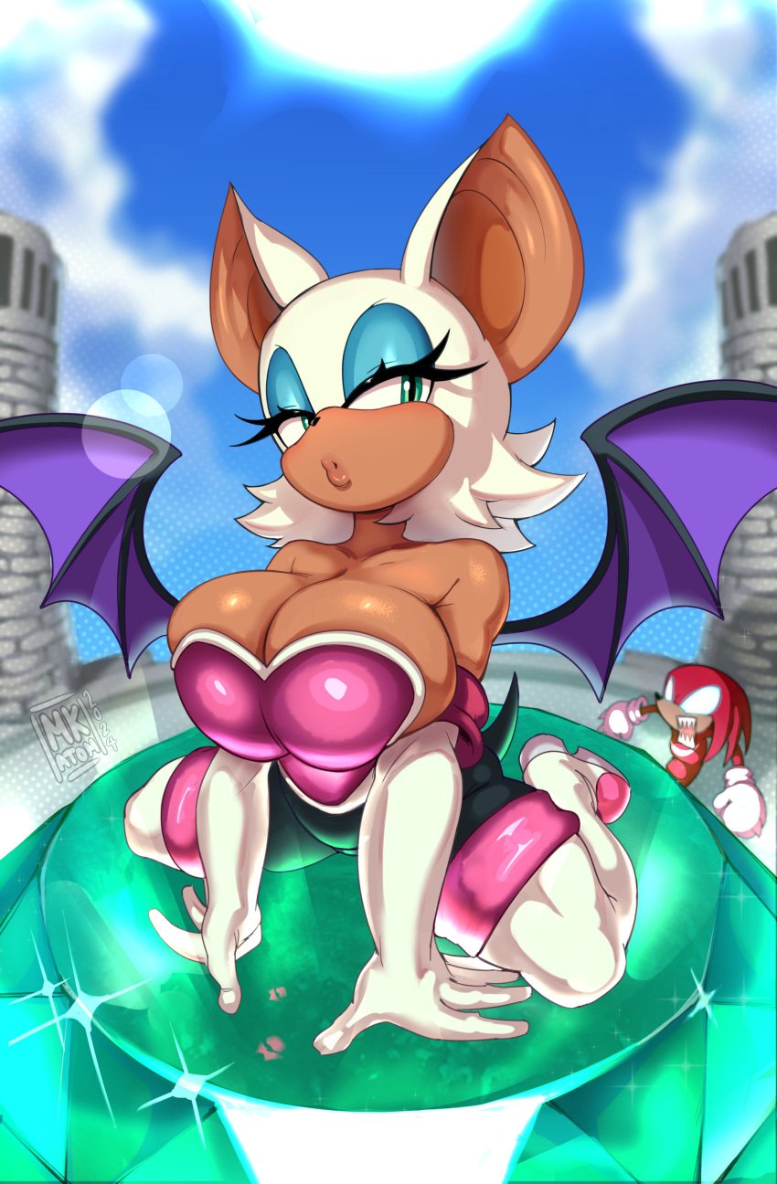 1boy 1girls bat_wings big_breasts breasts cleavage clothing elbow_gloves emerald eyelashes female furry gloves green_eyes hands_on_floor huge_breasts knuckles_the_echidna legs_apart lipstick_mark looking_at_viewer male mekaatomic rouge_the_bat solo solo_female sonic_(series) sonic_the_hedgehog_(series) thick_thighs thighhighs white_hair wide_hips wings