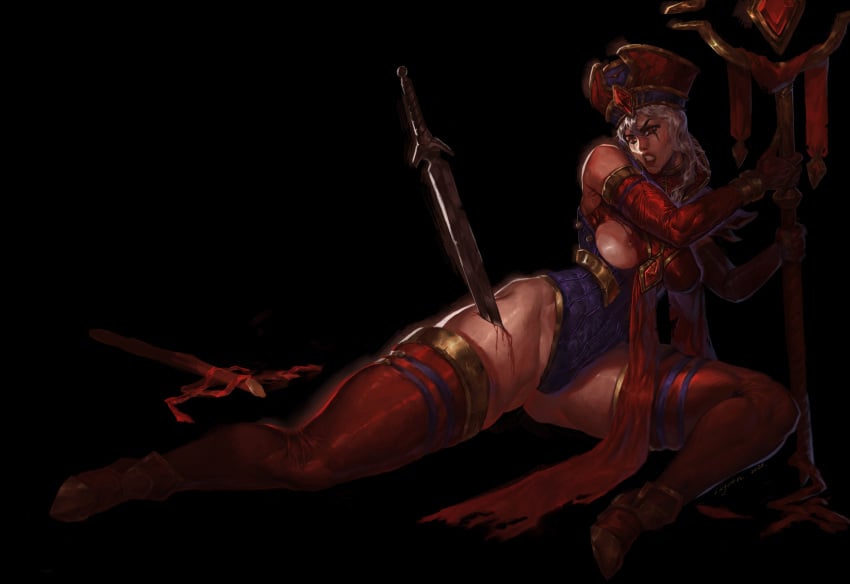 1girls blizzard_entertainment blood breasts defeated gore human human_(world_of_warcraft) injury lagon_(artist) light-skinned_female light_skin sally_whitemane solo stab stabbed thick_thighs warcraft white_hair world_of_warcraft