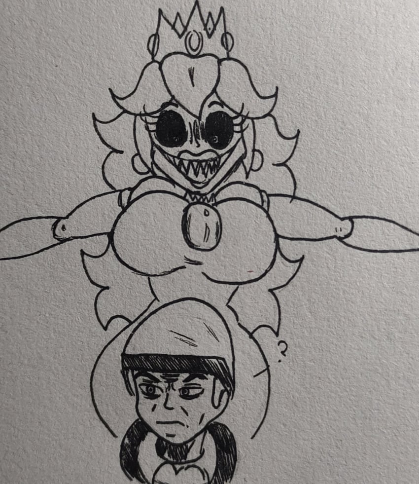 1boy 1girls big_breasts big_hips breasts creepy creepy_face creepy_smile creepypasta crown dress earrings entity female hips lips lipstick long_hair looking_down male male/female mario_(series) marios_madness peach.exe princess_peach royalty sketch smile smiling super_horror_peach_(peach.exe)