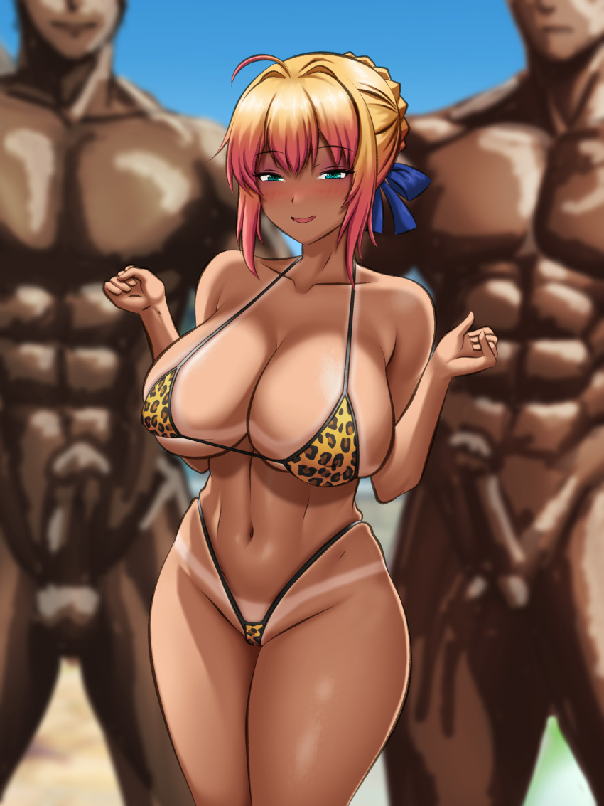 1girls 2boys abs artoria_pendragon big_breasts big_thighs blonde_hair blue_eyes blush breasts busty completely_nude completely_nude_male dark-skinned_female dark-skinned_male dark_skin daylight fate/grand_order fate_(series) female huge_breasts huge_thighs large_breasts large_thighs ldukem69 leopard_print leopard_print_bikini male multiple_penises muscular muscular_male navel nude nude_male smile tanned tanned_female tanned_girl tanned_skin thick_thighs thighs voluptuous