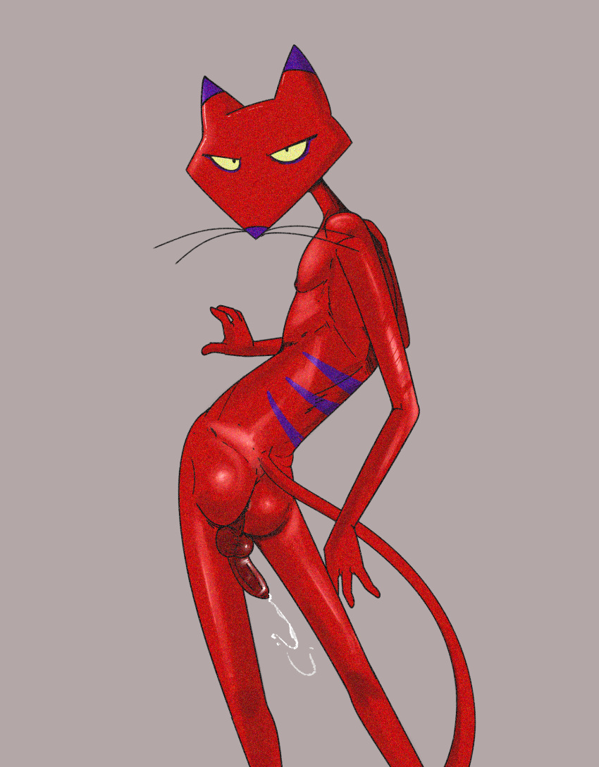 anthro ass backsack balls bodily_fluids cartoon_network courage_the_cowardly_dog cum felid feline flexible foreskin genital_fluids genitals hi_res illegaleel katz_(courage_the_cowardly_dog) leaking_cum long_foreskin looking_at_viewer looking_back male mammal nipples nude penis perineum solo turning_around