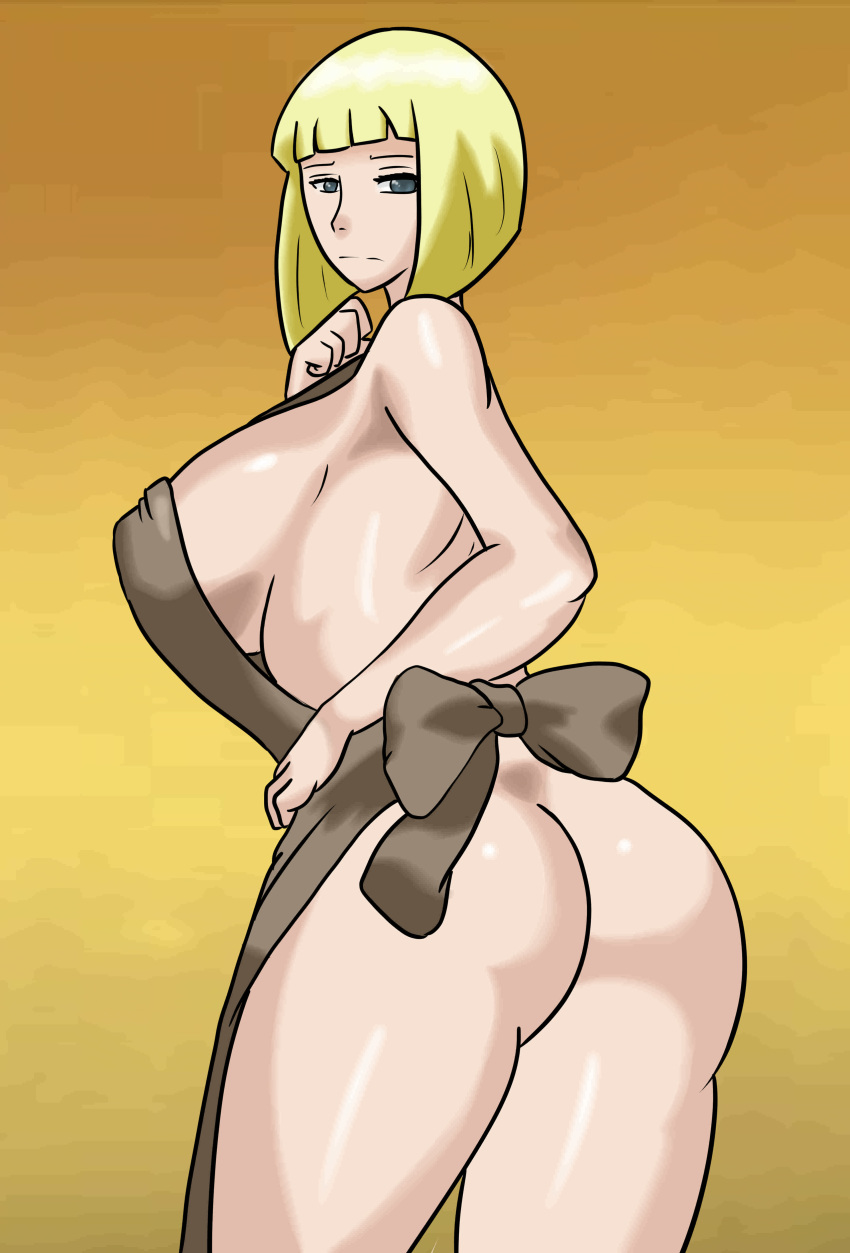 1girls apron ass back_view blonde_hair blue_eyes bob_cut breasts female female_only huge_breasts looking_at_viewer looking_back naked naked_apron naruto naruto_shippuden samui sayuri-san sideboob yellow_background