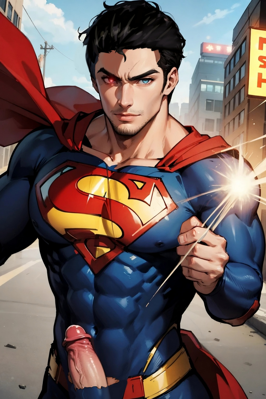 1boy ai_generated erect_penis muscular_male penis_out_of_pants solo_male superhero superman