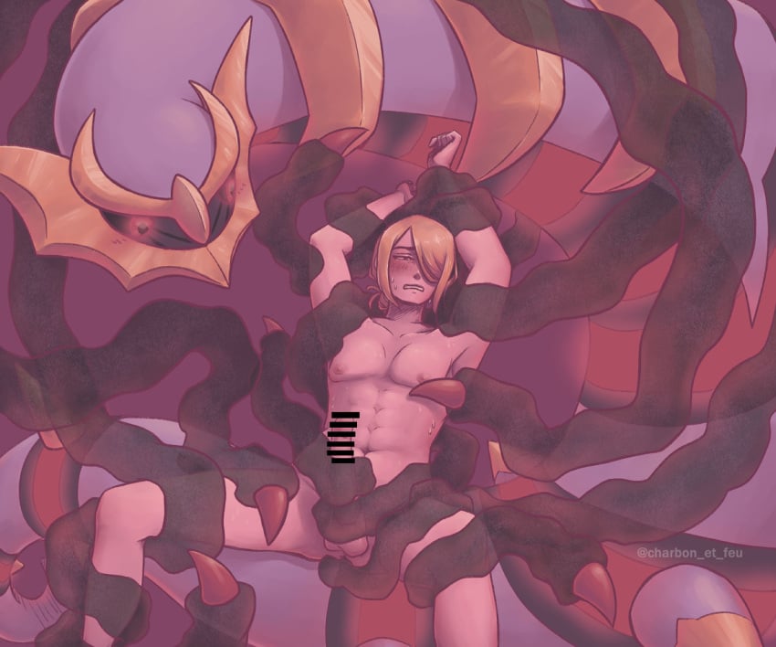 1boy blonde_hair blush censor_bar giratina male_penetrated pinned pokemon pokemon/human pokemon_(species) pokemon_legends:_arceus tentacle volo_(pokemon)