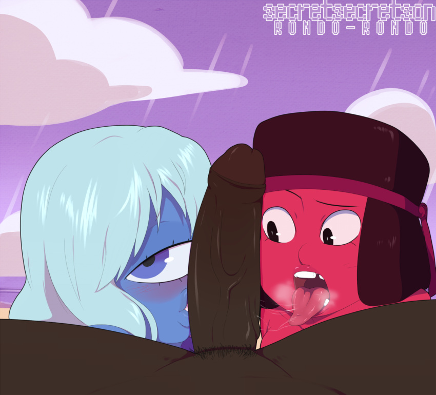 1boy 2girls big_penis blue_skin cartoon_network dark-skinned_male dark_skin gem_(species) kissing_penis one_eye open_mouth orientation_play red_skin ruby_(steven_universe) sapphire_(steven_universe) secretsecretson steven_universe threesome tongue tongue_out unseen_male_face