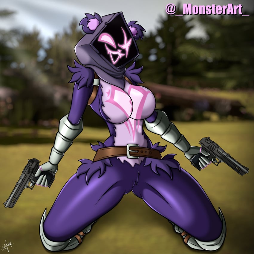 bear bear_ears bear_girl belt big_breasts female female_only fortnite fur_markings glowing_eyes glowing_mouth hood hood_up monsterart on_knees open_mouth pistol pistols raven_team_leader sfw_version shiny shiny_fur solo solo_female