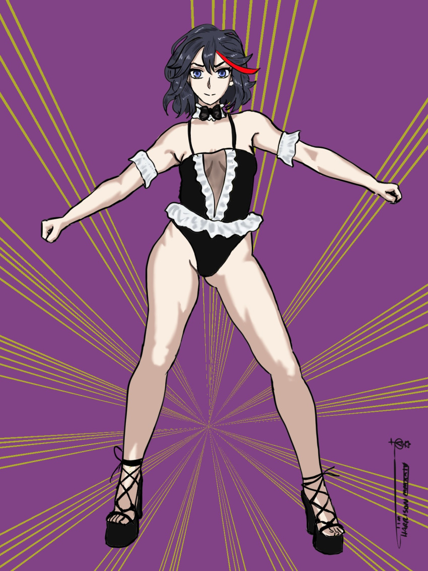 1girls artist_signature bare_legs bare_shoulders black_hair blue_eyes bowtie cleavage high_heels ironsiderodger kill_la_kill lace legs light-skinned_female light_skin matoi_ryuuko plunging_neckline red_strand_of_hair