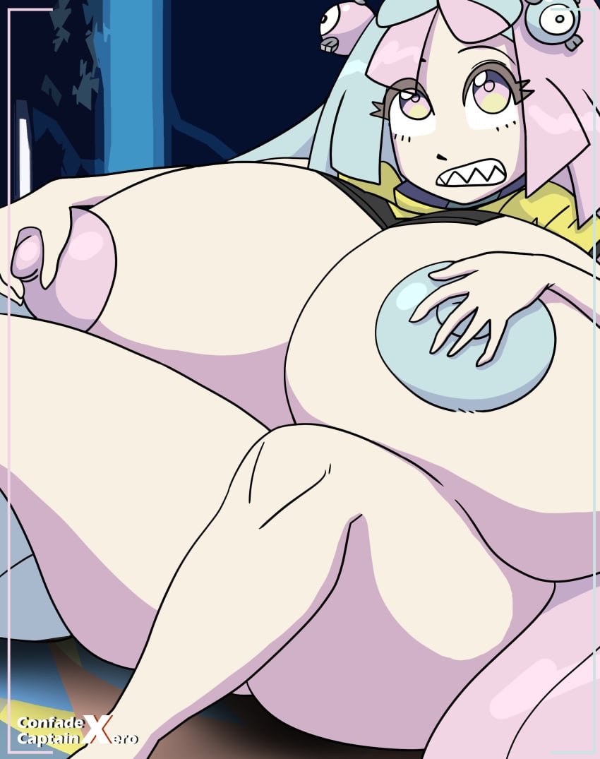 ass_expansion asymmetrical_nipples blue_nipples breast_expansion capnxero clenched_teeth colored_nipples completely_nude expansion expansion_sequence giantess giantess_growth gigantic_breasts gigantic_thighs hyper_breasts iono_(pokemon) looking_up pink_nipples pokemon pokemon_sv sequence sharp_teeth thick_thighs thigh_expansion wide_hips worried