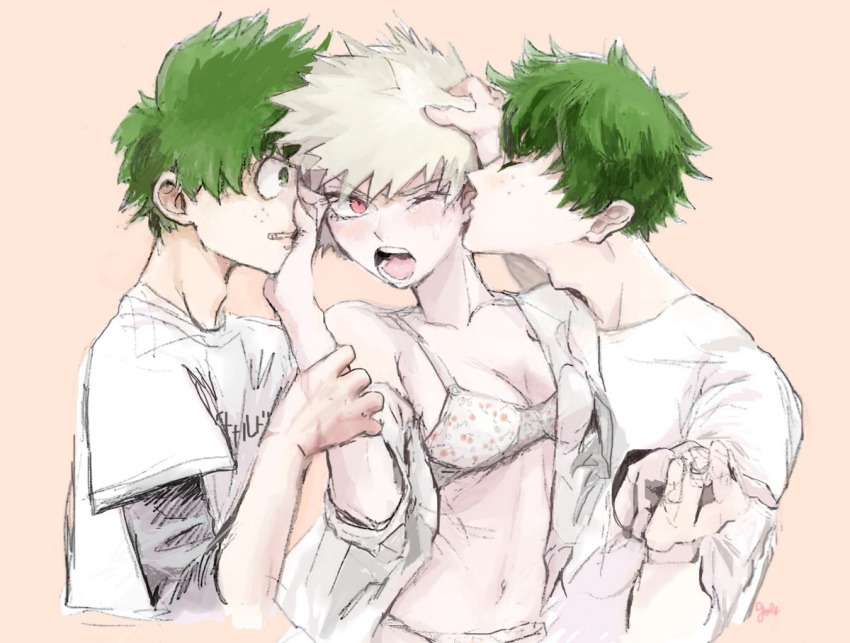 1girls 2boys artist_request blonde_hair blush female female_bakugou freckles genderswap genderswap_(mtf) green_eyes green_hair hand_on_face hand_on_head holding_hands izuku_midoriya katsuki_bakugou my_hero_academia red_eyes rule_63