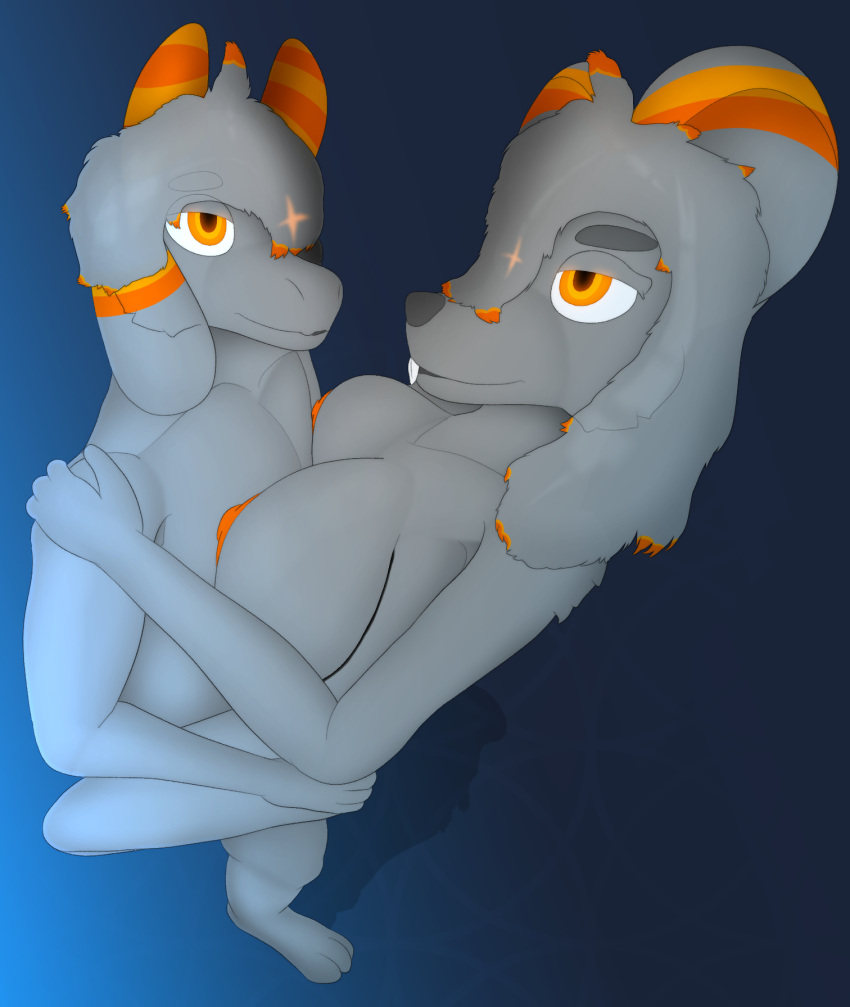 anthro areola bovid breasts buckteeth caprine chinchilla chinchillid duo female floppy_ears fur glowing glowing_eyes goat grey_body grey_fur gusta gusta_(gusta) gusty_(gusta) hair hi_res high-angle_view horn male male/female mammal nipples nude orange_areola orange_eyes orange_horn orange_nipples orange_stripes rodent sex stand_and_carry_position standing standing_sex stripes teeth