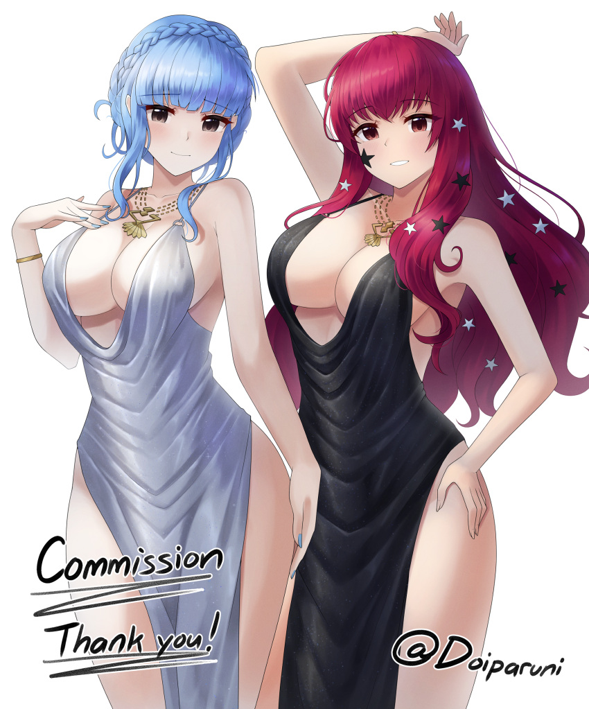 2girls alternate_costume artist_name blue_hair breasts cleavage commission doiparuni facial_mark female female_only fire_emblem fire_emblem:_three_houses fire_emblem_engage hair_ornament hand_on_own_hip highres in-franchise_crossover jewelry marianne_von_edmund multiple_girls necklace nintendo plunging_neckline red_hair side_slit simple_background smile star_(symbol) star_facial_mark star_hair_ornament thighs yunaka_(fire_emblem)