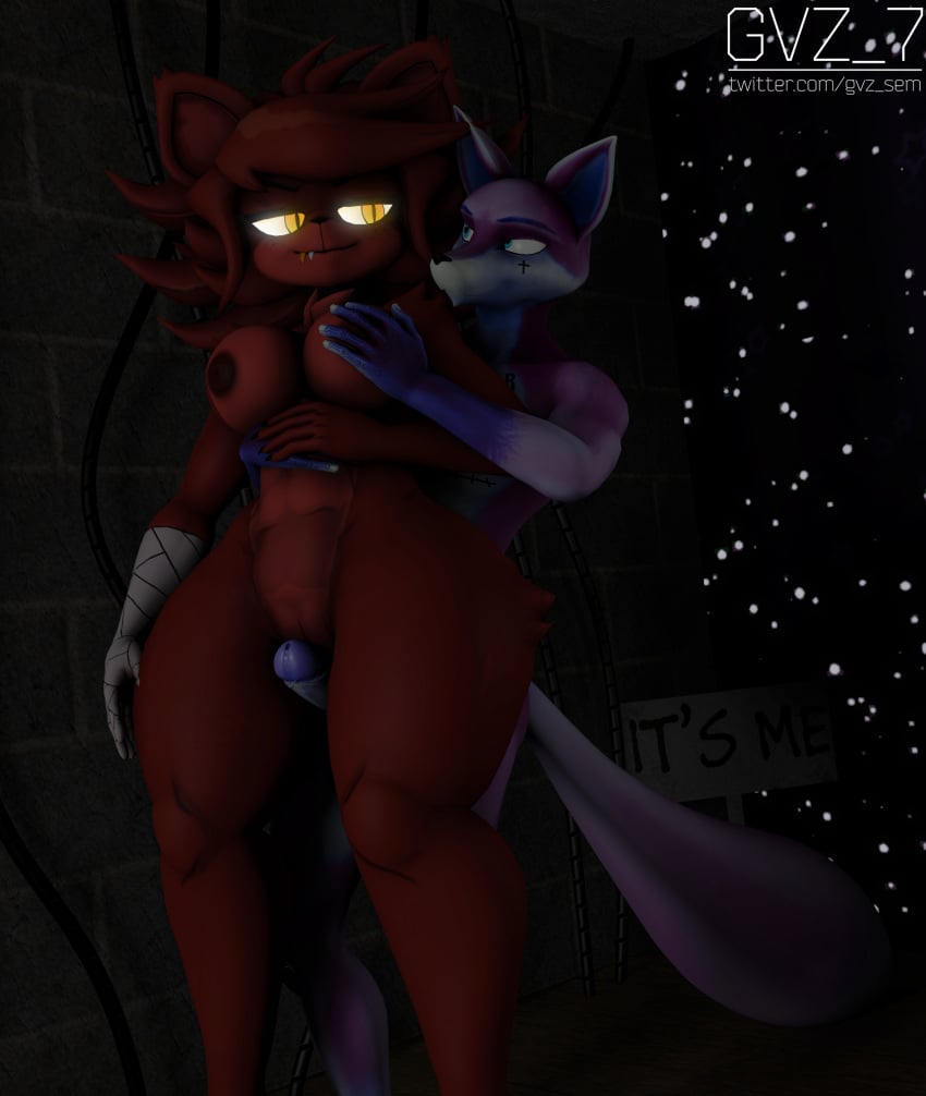 3d 3d_(artwork) anthro between_legs breasts canid canine canis duo fazclaire's_nightclub female fexa fexa_(cryptiacurves) five_nights_at_freddy's fox foxy_(cally3d) foxy_(fnaf) genitals gvz_7 hi_res male male/female mammal penis scottgames striker_(gvz_7) wolf