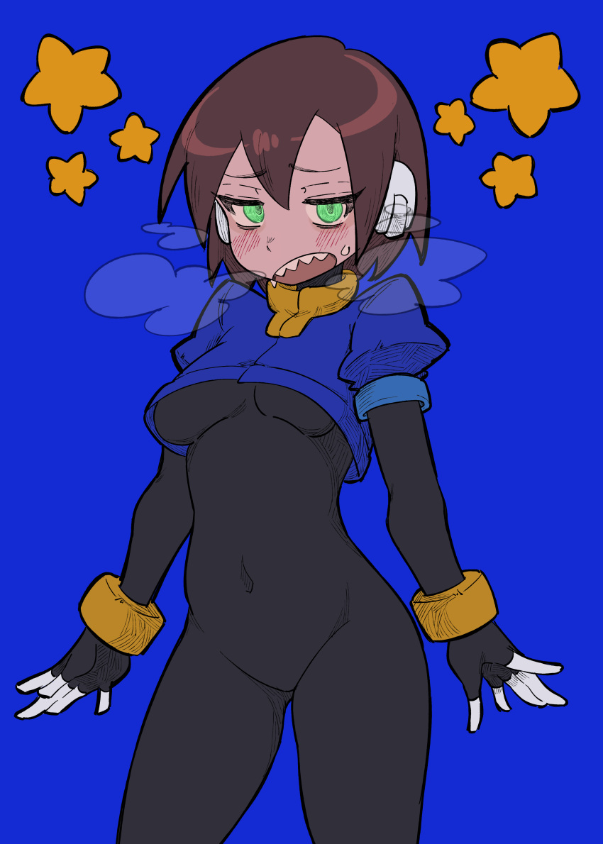 1girls 5_fingers aile arms_at_sides aroused bodystocking bodysuit buzzlyears contrapposto female female_focus female_only functionally_nude heavy_breathing medium_breasts mega_man mega_man_zx sharp_teeth solo stars steam thighs