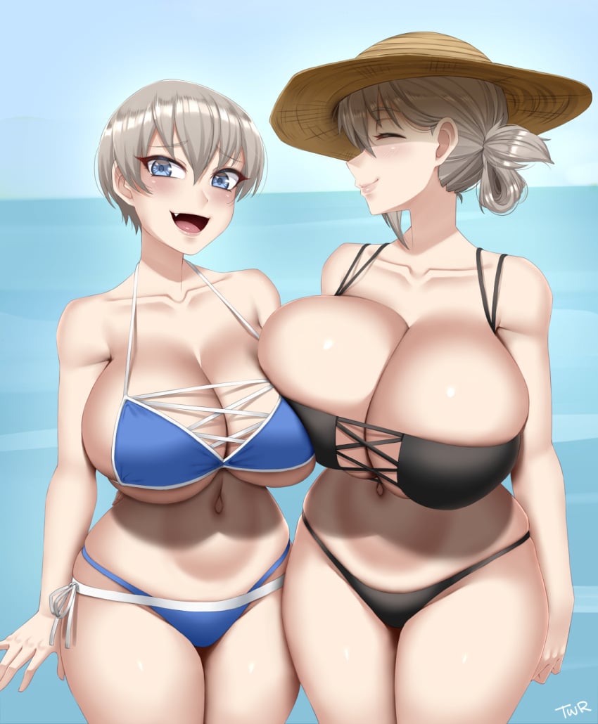 2girls alternate_hairstyle big_breasts bikini blue_eyes breast_press breasts breasts_bigger_than_head female female_only huge_breasts large_breasts meme milf mother_and_daughter mother_daughter_boob_envy_(meme) multiple_girls shiny_skin silver_hair swimsuit thick_thighs thighs_together twrlare uzaki-chan_wa_asobitai! uzaki_hana uzaki_tsuki