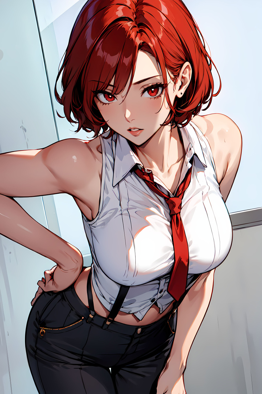 ai_generated bending_forward bent_forward earring female king_of_fighters light-skinned_female light_skin medium_breasts pants red_eyes red_hair seductive shirt short_hair skinny_waist tie vanessa_(kof) white_shirt