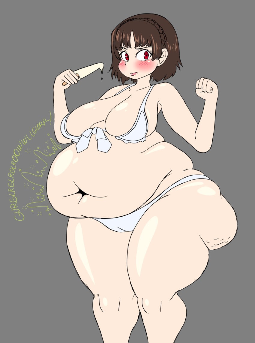 1girls 2024 bbw big_breasts bikini blush brown_hair color digestion_noises english_text fat grey_background hooligan_freak huge_belly ice_cream looking_at_viewer makoto_niijima obese_female onomatopoeia overweight_female persona_5 red_eyes short_hair stomach_noises tagme thick_thighs