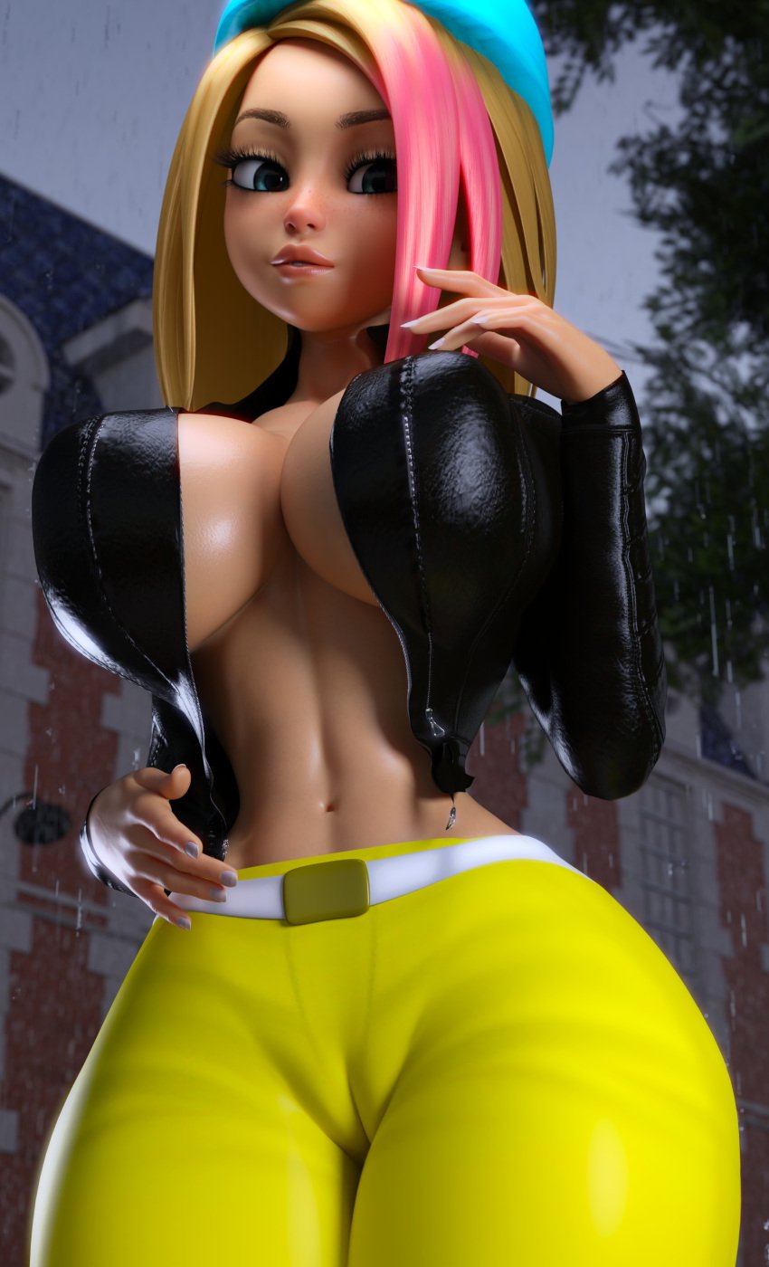 1girls 3d 3d_(artwork) big_breasts black_jacket blonde_hair blue_cap blue_eyes cameltoe cap curvaceous curvy curvy_female curvy_figure female female_only giant_breasts hair_streak hat hourglass_figure huge_breasts jacket miraculous:_tales_of_ladybug_and_cat_noir miraculous_ladybug no_bra pants pink_highlights pouty_lips rain ruidx slim_waist solo tagme thin_waist voluptuous voluptuous_female wet_clothes wet_clothing yellow_pants zoe_lee