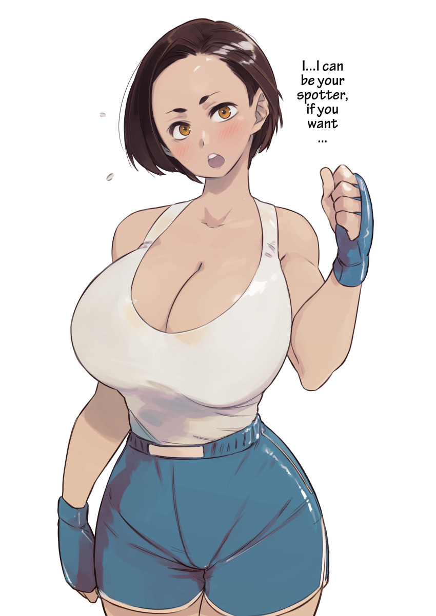 1girls big_breasts blush blushing breasts brown_hair brown_hair_female brunette_hair fighter fingerless_gloves gloves interested interested_in_viewer kingrooper light-skinned_female light_skin looking_at_viewer pov short_hair shorts sleveeless_shirt talking_to_viewer white_shirt